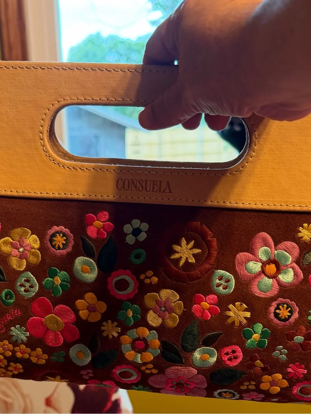 Consuela Brown Floral Embroidered Clutch with Pink & Yellow Accents